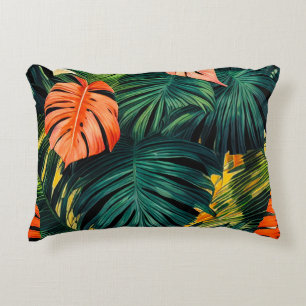 Colorful Tropical Leaves and Hibiscus Flowers Accent Pillow