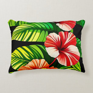 Colorful Tropical Leaves and Hibiscus Flowers Accent Pillow
