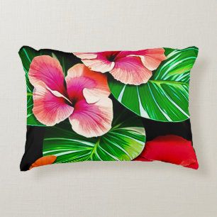 Colorful Tropical Leaves and Hibiscus Flowers   Accent Pillow