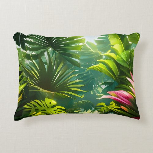Colorful Tropical Leaves and Hibiscus Flowers  Accent Pillow