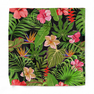 Colorful Tropical Leaves and Hibiscus Flowers Bandana