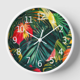 Colorful Tropical Leaves and Hibiscus Flowers Clock