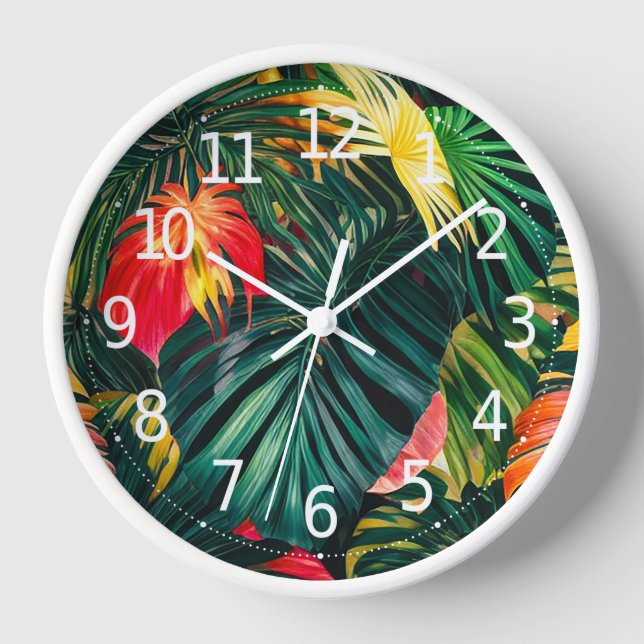 Colorful Tropical Leaves and Hibiscus Flowers | Clock (Front)