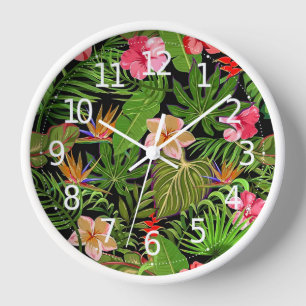 Colorful Tropical Leaves and Hibiscus Flowers   Clock