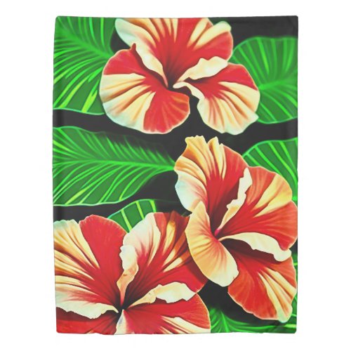 Colorful Tropical Leaves and Hibiscus Flowers  Duvet Cover