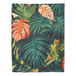 Colorful Tropical Leaves and Hibiscus Flowers Duvet Cover
