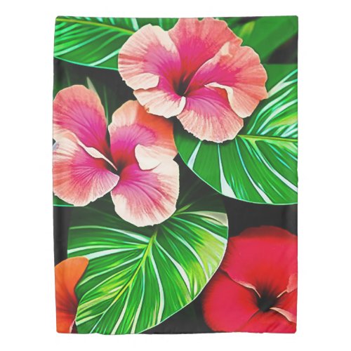 Colorful Tropical Leaves and Hibiscus Flowers  Duvet Cover