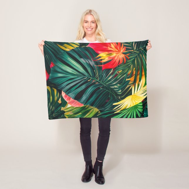 Colorful Tropical Leaves and Hibiscus Flowers | Fleece Blanket (In Situ)