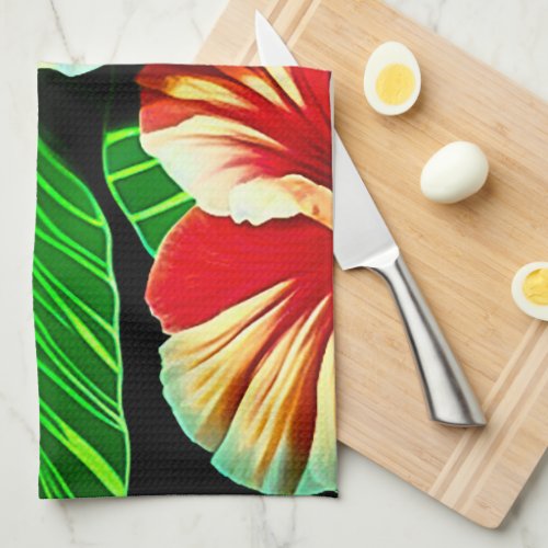 Colorful Tropical Leaves and Hibiscus Flowers  Kitchen Towel