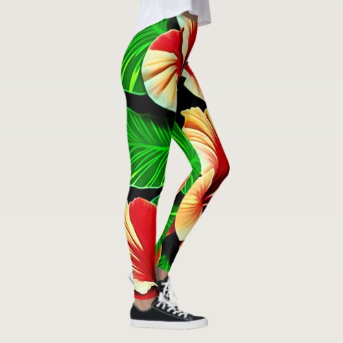 Colorful Tropical Leaves and Hibiscus Flowers  Leggings