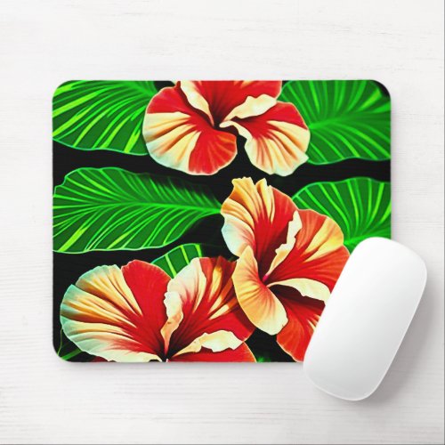 Colorful Tropical Leaves and Hibiscus Flowers  Mouse Pad