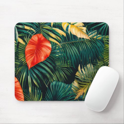 Colorful Tropical Leaves and Hibiscus Flowers  Mouse Pad