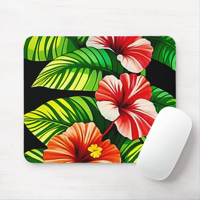 Colorful Tropical Leaves and Hibiscus Flowers | Mouse Pad (With Mouse)