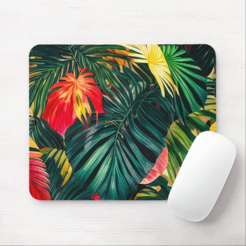 Colorful Tropical Leaves and Hibiscus Flowers  Mouse Pad