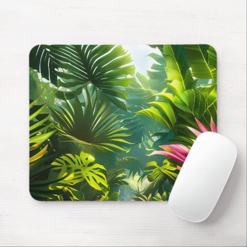 Colorful Tropical Leaves and Hibiscus Flowers  Mouse Pad