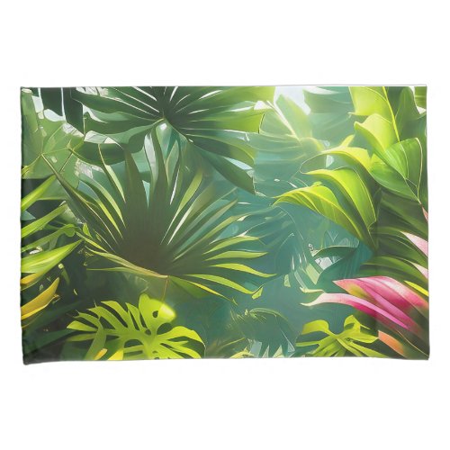 Colorful Tropical Leaves and Hibiscus Flowers  Pillow Case