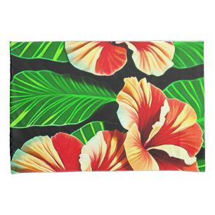 Colorful Tropical Leaves and Hibiscus Flowers   Pillow Case