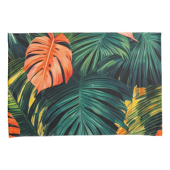 Colorful Tropical Leaves and Hibiscus Flowers | Pillow Case (Front-Right)