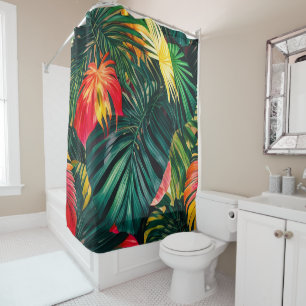 Colorful Tropical Leaves and Hibiscus Flowers Shower Curtain
