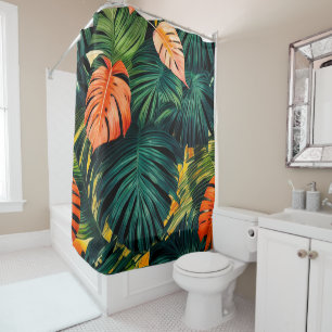 Colorful Tropical Leaves and Hibiscus Flowers Shower Curtain