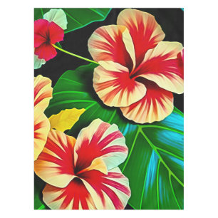 Colorful Tropical Leaves and Hibiscus Flowers Tablecloth