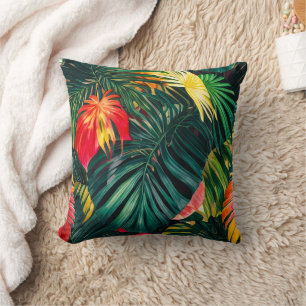 Colorful Tropical Leaves and Hibiscus Flowers Throw Pillow