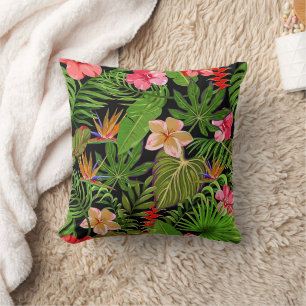 Colorful Tropical Leaves and Hibiscus Flowers   Throw Pillow
