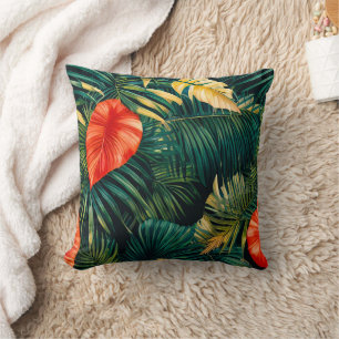 Colorful Tropical Leaves and Hibiscus Flowers   Throw Pillow