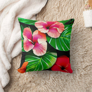 Colorful Tropical Leaves and Hibiscus Flowers Throw Pillow