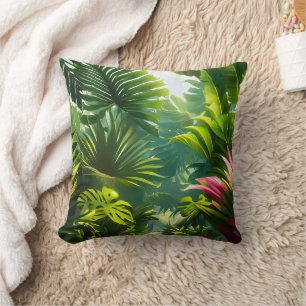 Colorful Tropical Leaves and Hibiscus Flowers   Throw Pillow