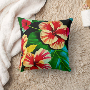 Colorful Tropical Leaves and Hibiscus Flowers Throw Pillow