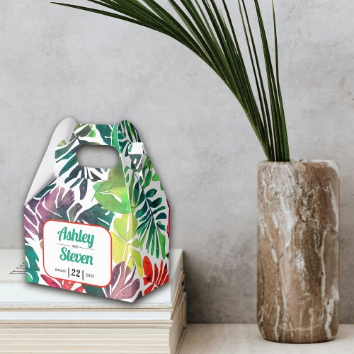 Colorful tropical leaves arch maximalist wedding favor boxes