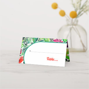 Colorful tropical leaves, arch maximalist wedding place card