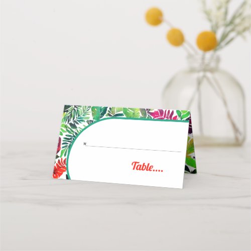 Colorful tropical leaves arch maximalist wedding place card