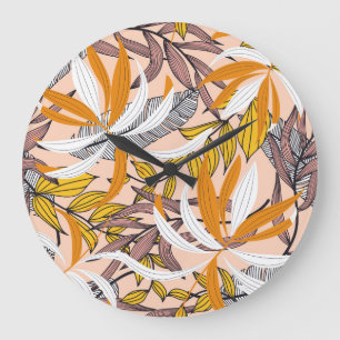 Colorful tropical leaves, beige background pattern large clock