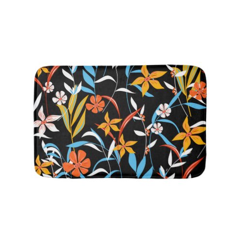 Colorful tropical leaves dark background pattern bath mat