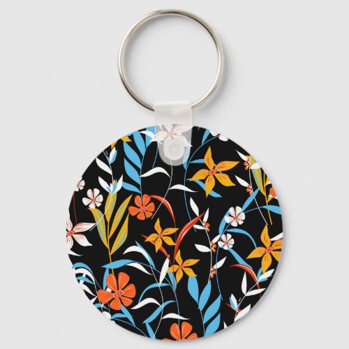 Colorful tropical leaves dark background pattern keychain