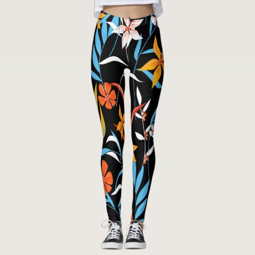 Colorful tropical leaves dark background pattern leggings