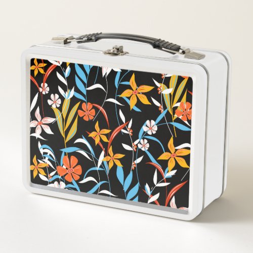 Colorful tropical leaves dark background pattern metal lunch box