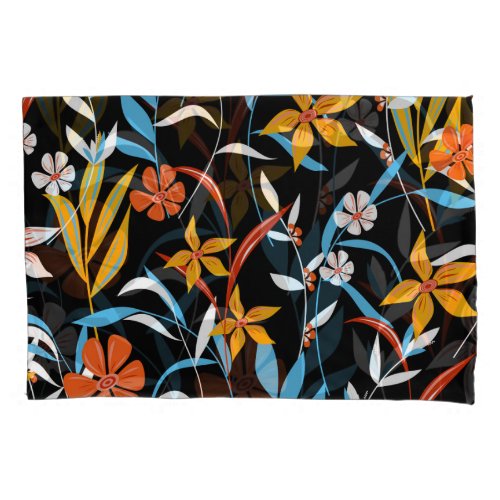 Colorful tropical leaves dark background pattern pillow case
