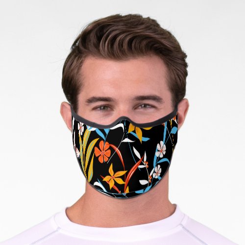 Colorful tropical leaves dark background pattern premium face mask