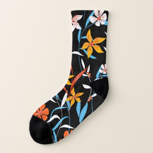 Colorful tropical leaves dark background pattern socks