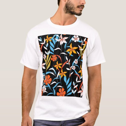 Colorful tropical leaves dark background pattern T_Shirt