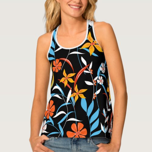 Colorful tropical leaves dark background pattern tank top