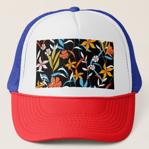 Colorful tropical leaves dark background pattern trucker hat