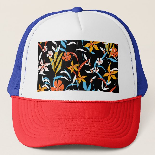 Colorful tropical leaves: dark background pattern trucker hat (Front)