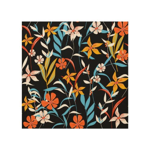 Colorful tropical leaves dark background pattern wood wall art