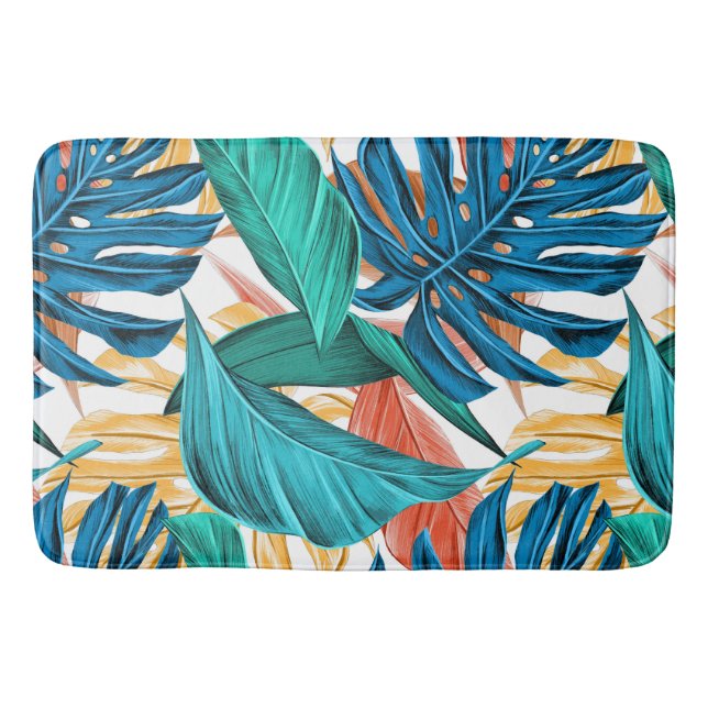 Colorful tropical leaves, exotic pattern design, bath mat (Front)