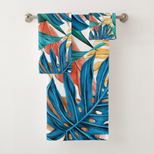 Colorful tropical leaves, exotic pattern design, bath towel set