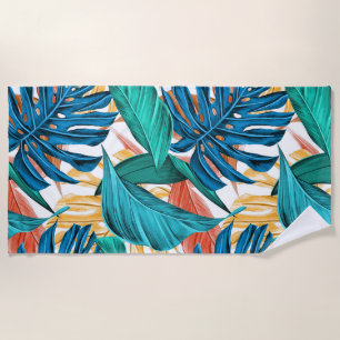 Colorful tropical leaves, exotic pattern design, beach towel